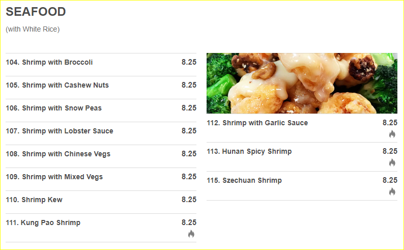 China House Sea Food Menu List
