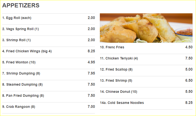 China House Appetizers Menu List