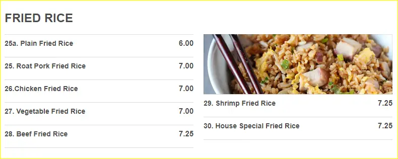 China House Fried Rice Menu List